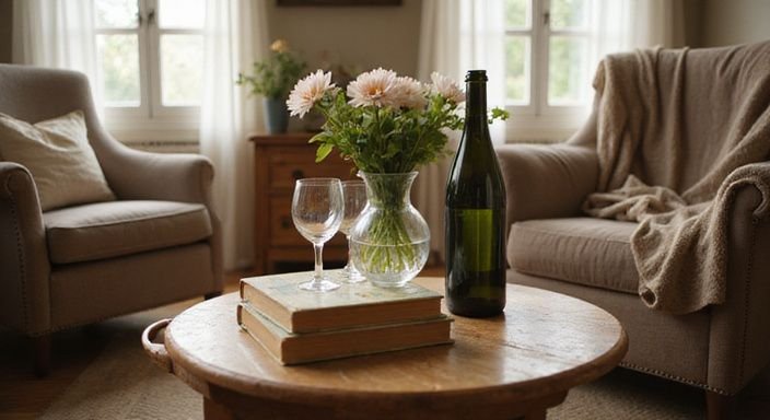 Gezellige woonkamer met boeken, bloemen en wijn voor een intiem gesprek.