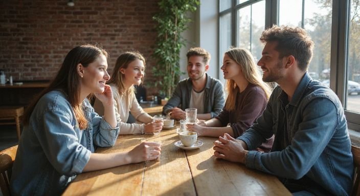 Vijf jonge volwassenen genieten van gesprek over Erotisch contact Vlaams-Limburg in een café.