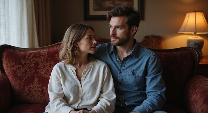 Een vrouw en een man zitten intiem op een vintage bank