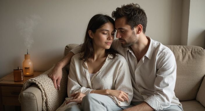 Een man en vrouw zitten samen op een beige bank