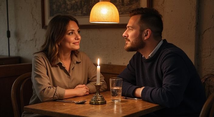 Een vrouw en man delen een intiem moment aan een houten tafel.