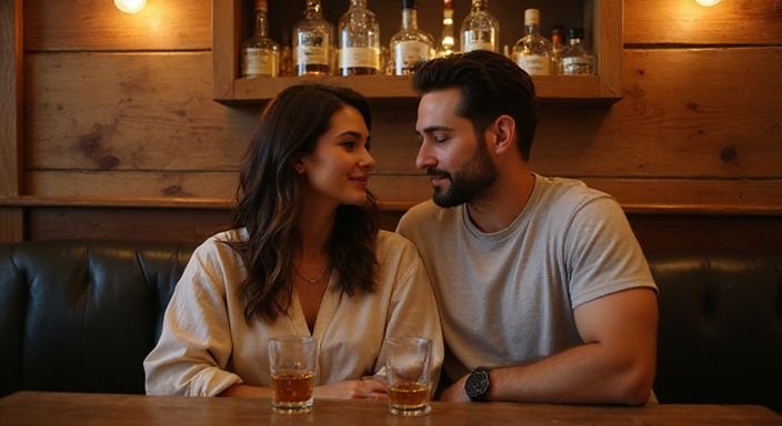 Een man en vrouw genieten van een erotische contacten in Antwerpen in een loungebar.