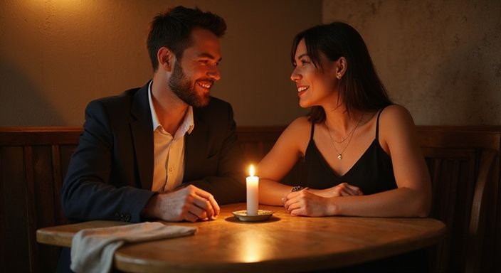 Een koppel geniet van een intiem diner in een gezellige restaurant