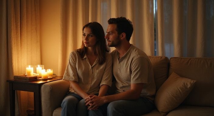 Een intiem moment tussen een man en vrouw op een sofa.