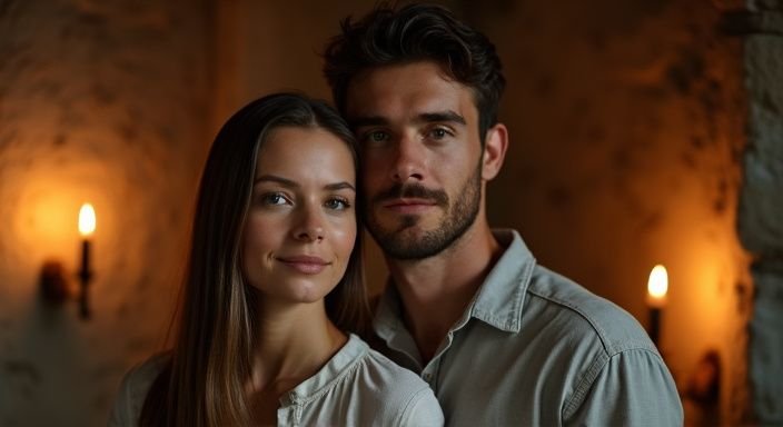 Een man en vrouw staan samen in een Renaissance-stijl kamer.