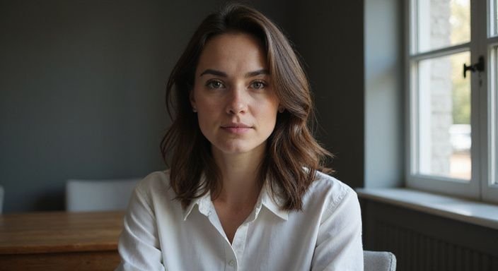 Vrouw in blousje zit ontspannen in een ingetogen ruimte en wil erotische contacten in West-Vlaanderen.