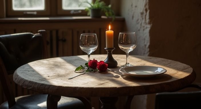 Een romantische tafelsetting met rozen in een rustieke kamer.