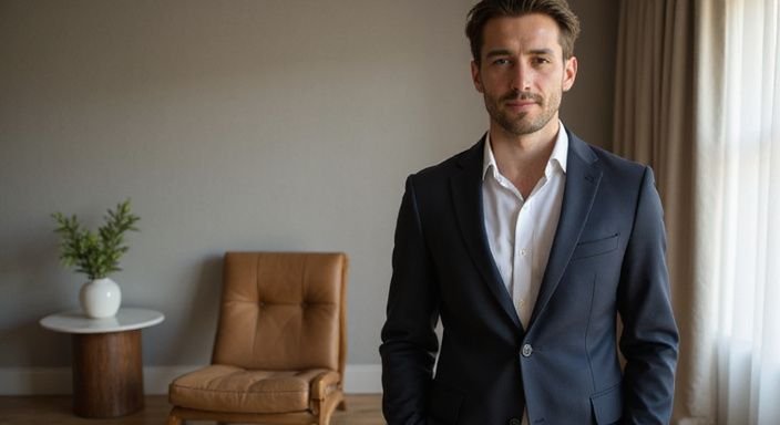 Een ontspannen persoon in een elegante, minimalistische interieursetting.