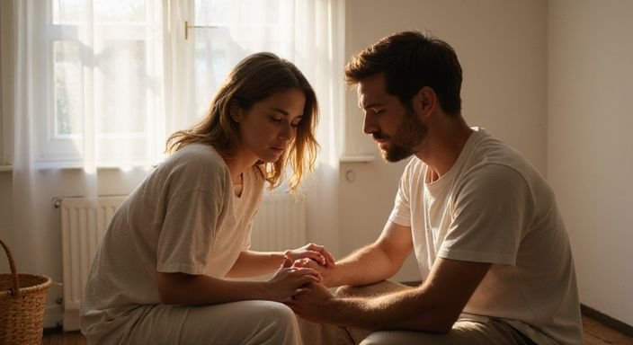 Een man en vrouw delen een intieme, rustige massage in een eenvoudige ruimte.