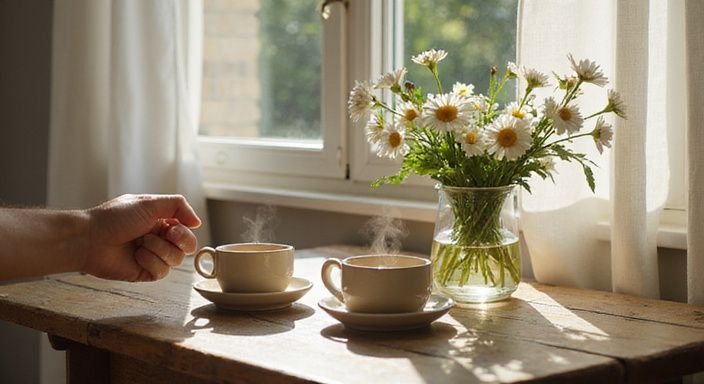 Een gezellige, lichte binnenruimte met koffie en verse bloemen. Een gezellige, lichte binnenruimte met koffie en verse bloemen.