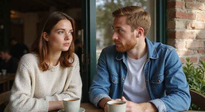 Een jongeman en -vrouw zitten intiem aan een houten tafel. Een jongeman en -vrouw zitten intiem aan een houten tafel.