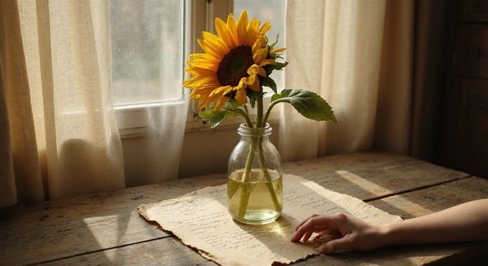 Een verwelkte zonnebloem in een glazen vaas op een houten tafel. Een verwelkte zonnebloem in een glazen vaas op een houten tafel.