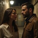 Een man en vrouw staan dichtbij elkaar in een steegje