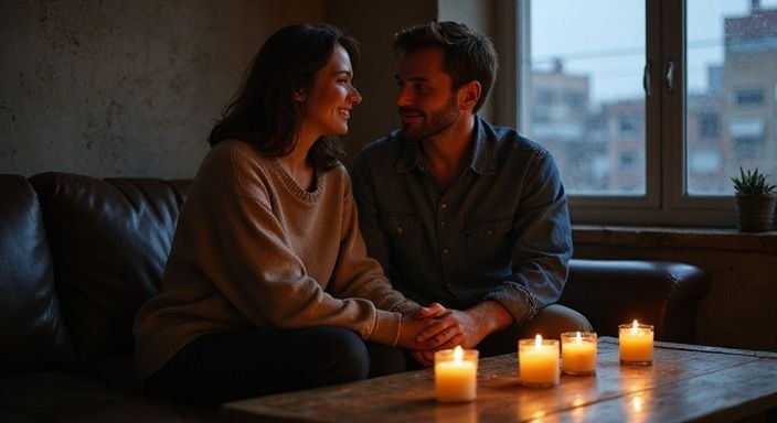 Een vrouw en man delen een intiem moment op een leren bank