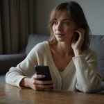 Een vrouw met een smartphone op een versleten bank