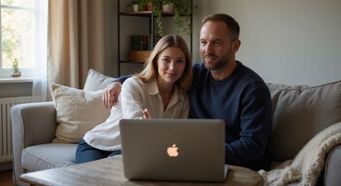 Een vrouw en een man bespreken hoeren, escort en prive ontvangst samen accommodatie op de laptop.