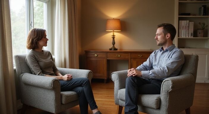 Twee mensen bespreken hoeren, escort en prive ontvangst in een gezellige hotel-lobby.