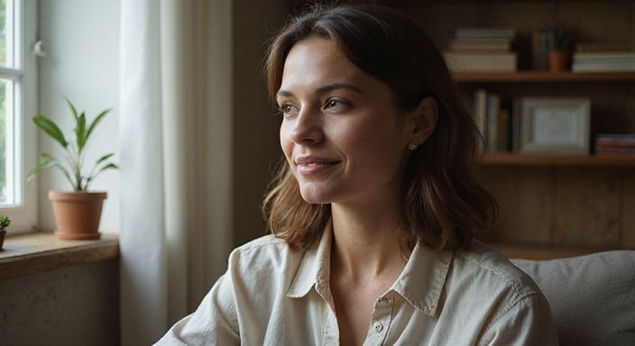 Een ontspannen vrouw in een gezellige, intieme kamer met doet aan hoeren, escort en prive ontvangst