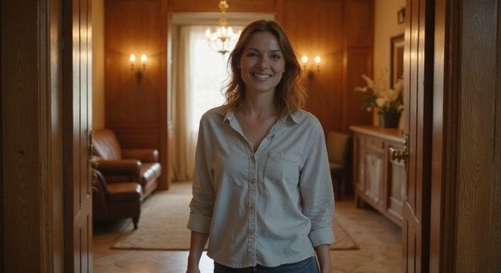 Een vrouw in een warm thuis begroet met een uitnodigende glimlach.