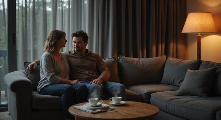 Een intieme woonkamer met een grijze bank en twee personen.