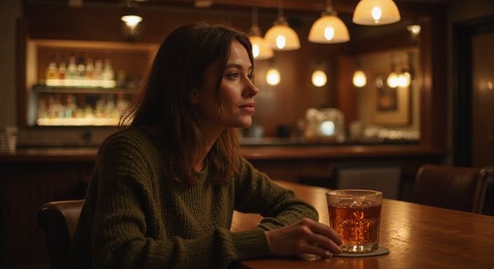 Een vrouw in een groene trui zit relaxed aan de bar.