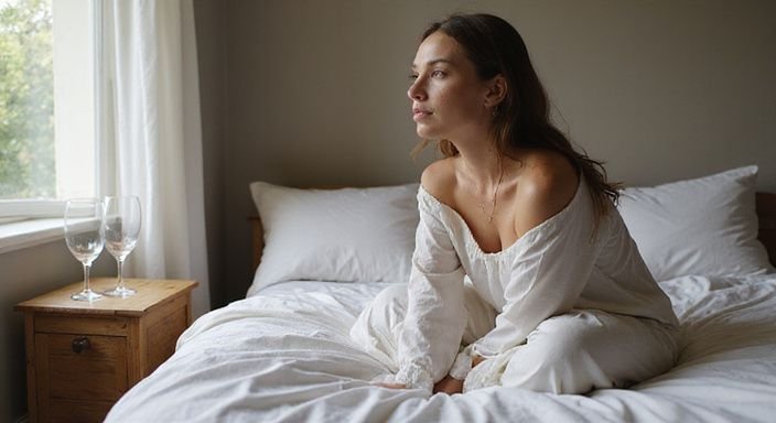 Een vrouw zit contemplatief op de rand van een bed.