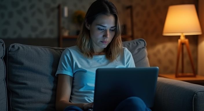 Een ontspannen vrouw zit op een moderne bank met een laptop.
