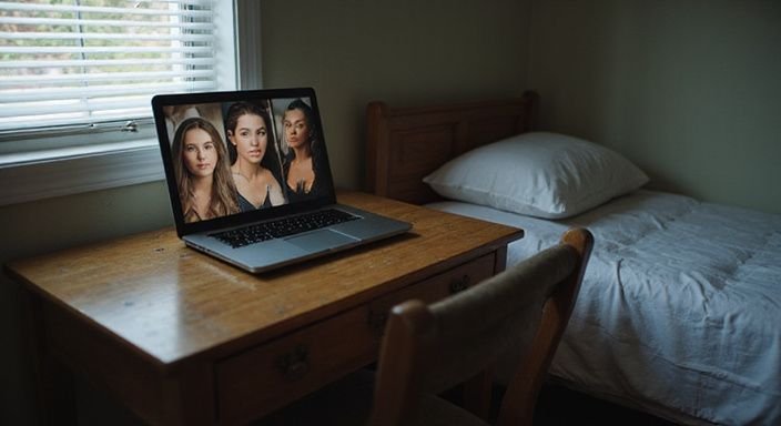 Een rustige slaapkamer met een open laptop met profielen die een neaukdate, neukcontacten of een neukafspraakje willen.