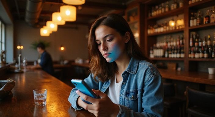Een jonge vrouw zit alleen aan de bar, zichtbaar gespannen en wil een sexcontact om te neuken