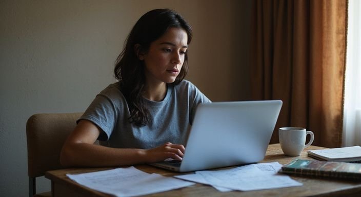 Een vrouw werkt geconcentreerd aan haar laptop aan een houten bureau en wil een neukdate.