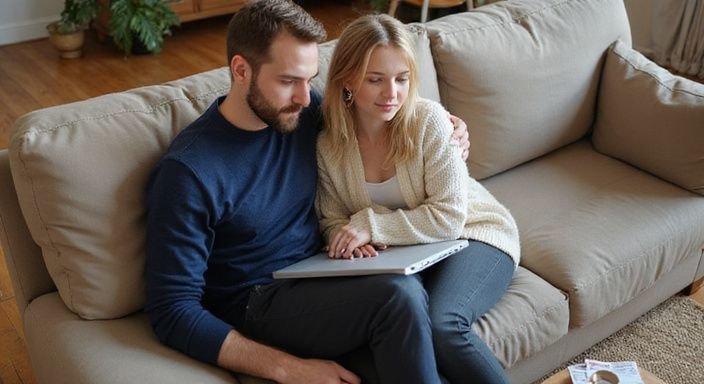 Een man en vrouw werken samen aan een laptop op de bank.