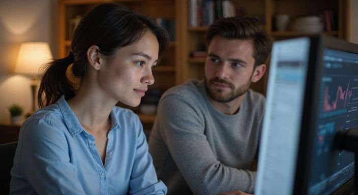 Een man en vrouw videochatten in hun afzonderlijke kamers.