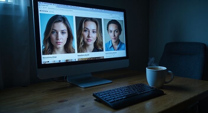 Een persoon bekijkt sexcontactadvertenties op een datingwebsite aan een bureau.