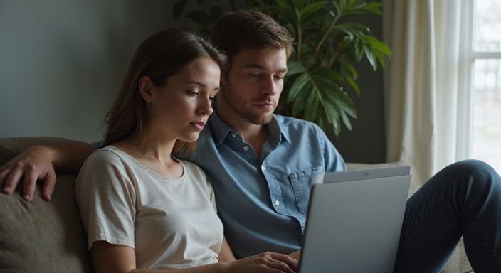 Een stel zit samen op de bank en bekijken sexcontactadvertenties opeen laptop.