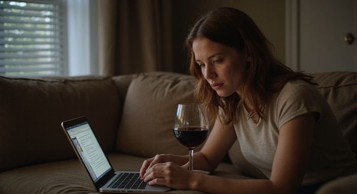 Een vrouw in een woonkamer, zoekt op haar laptop naar sexcontactadvertenties.