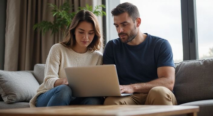 Een man en vrouw zitten samen op een moderne bank.