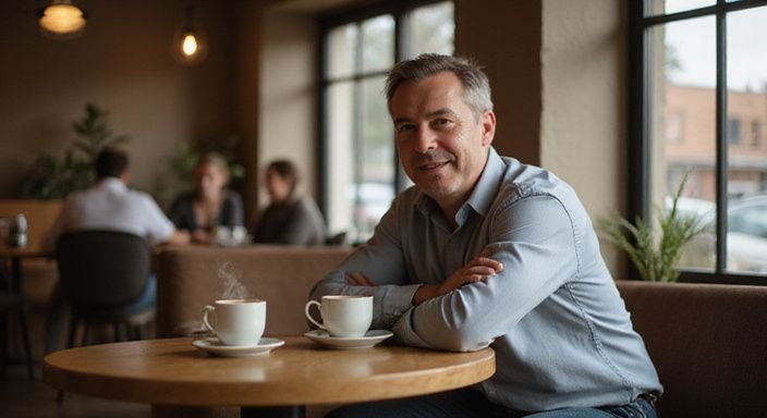Een middeljarige man geniet van koffie in een gezellige koffiebar.