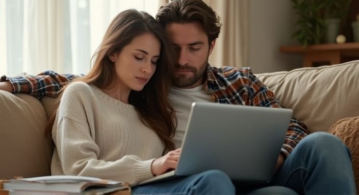 Een man en vrouw ontspannen samen op een beige bank zoeken sexcontactadvertenties.