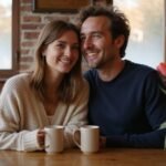 Een man en vrouw lachen samen aan een houten bar