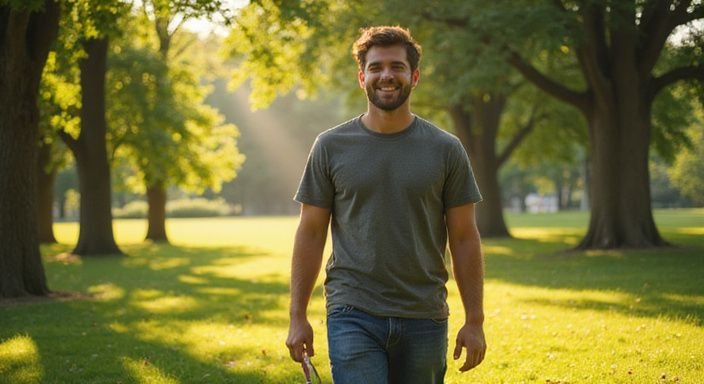 Een jonge persoon wandelt ontspannen in een park, met een kwast in hand.