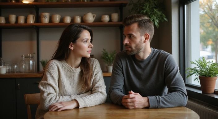 Een man en vrouw zitten geconcentreerd aan een houten tafel in een café en willen starten met online daten.