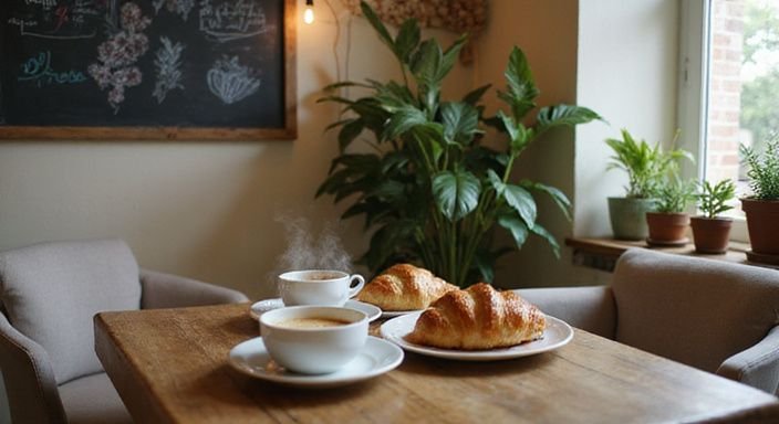 Een gezellige café-interieur met koffie, gebak en groene planten.