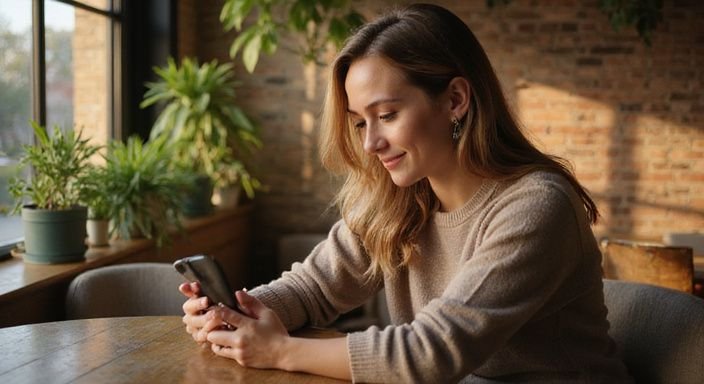 Een vrouw scrollt op een dating-app in een gezellige café en gaat starten met online daten.