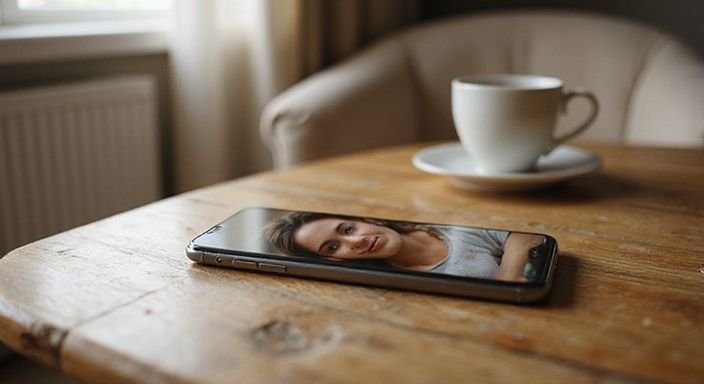 Een smartphone toont een datingprofiel op een houten tafel.