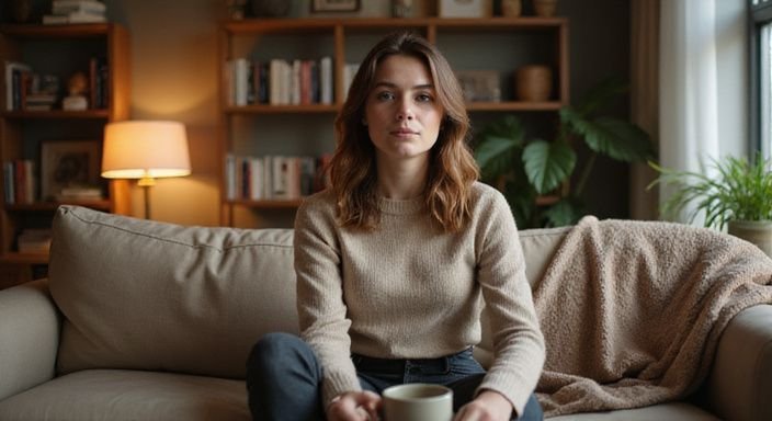 Een vrouw in een comfortabele woonkamer, ontspannen en aan het praten.