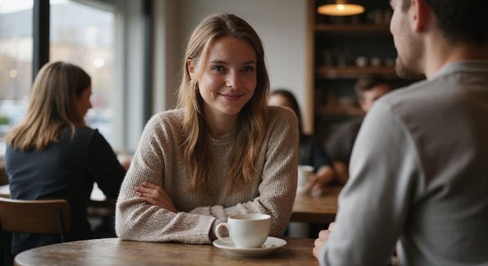 Een vrouw en man delen een intiem moment in een café tijdens starten met online daten.