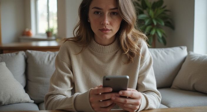 Een vrouw in een sweater kijkt voorzichtig naar haar smartphone en wil graag starten met online daten.