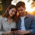 Een jong paar zit samen op een parkbank met smartphones