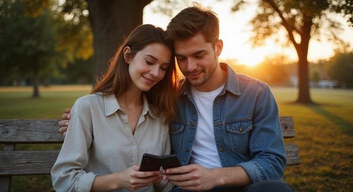 Een jong paar zit samen op een parkbank met smartphones