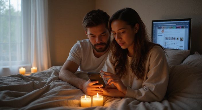 Een stel zit samen op een bed, gefocust op hun smartphone. Een stel zit samen op een bed, gefocust op hun smartphone.